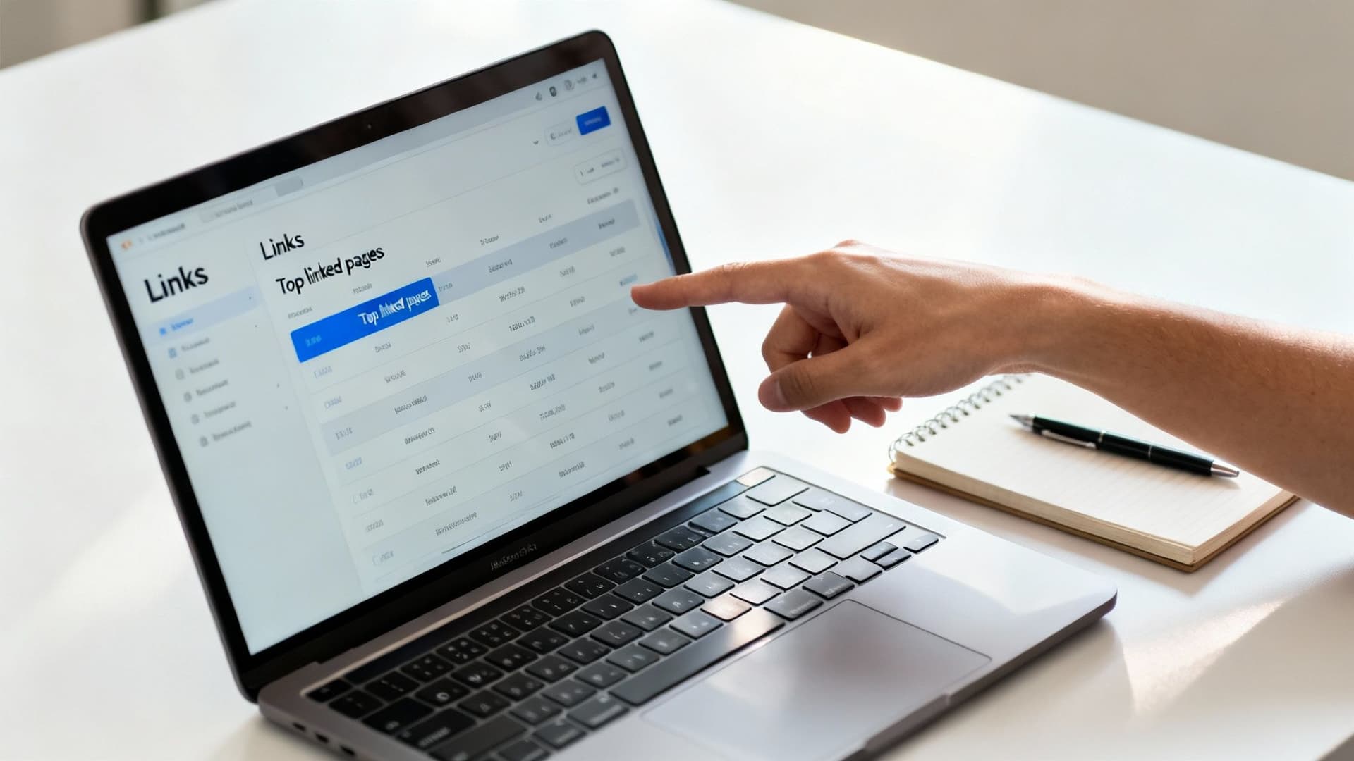 A person's hand points at a laptop screen displaying a 'Links' dashboard with 'Top linked pages'.