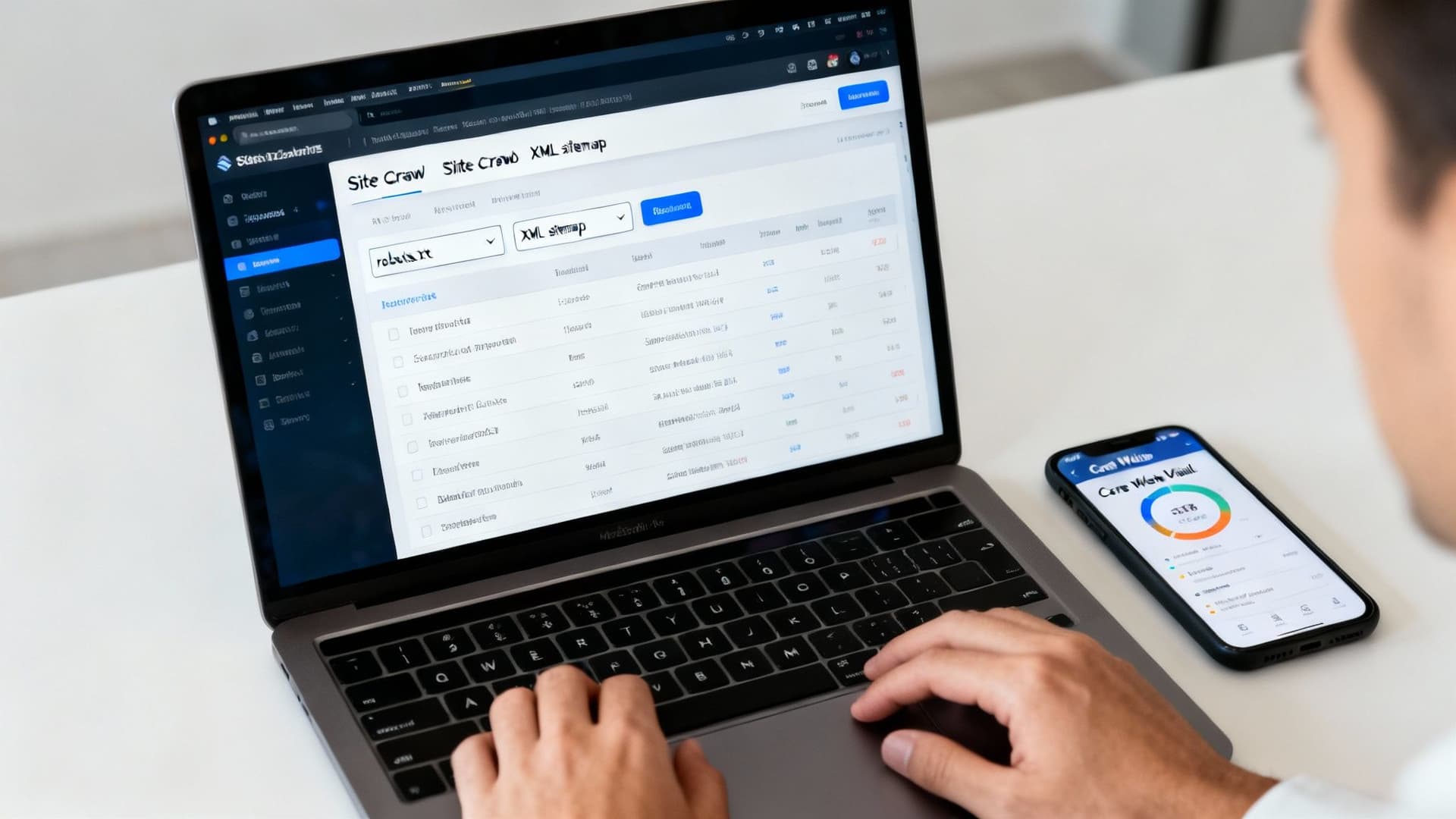 A person uses a laptop to perform an SEO audit, with a core web vitals report on a smartphone.