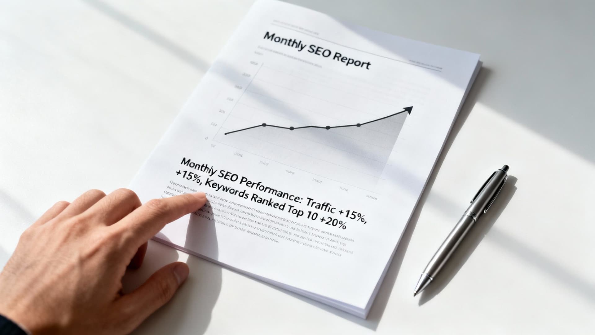 Hand pointing at a monthly SEO report showing traffic and keyword ranking improvements.