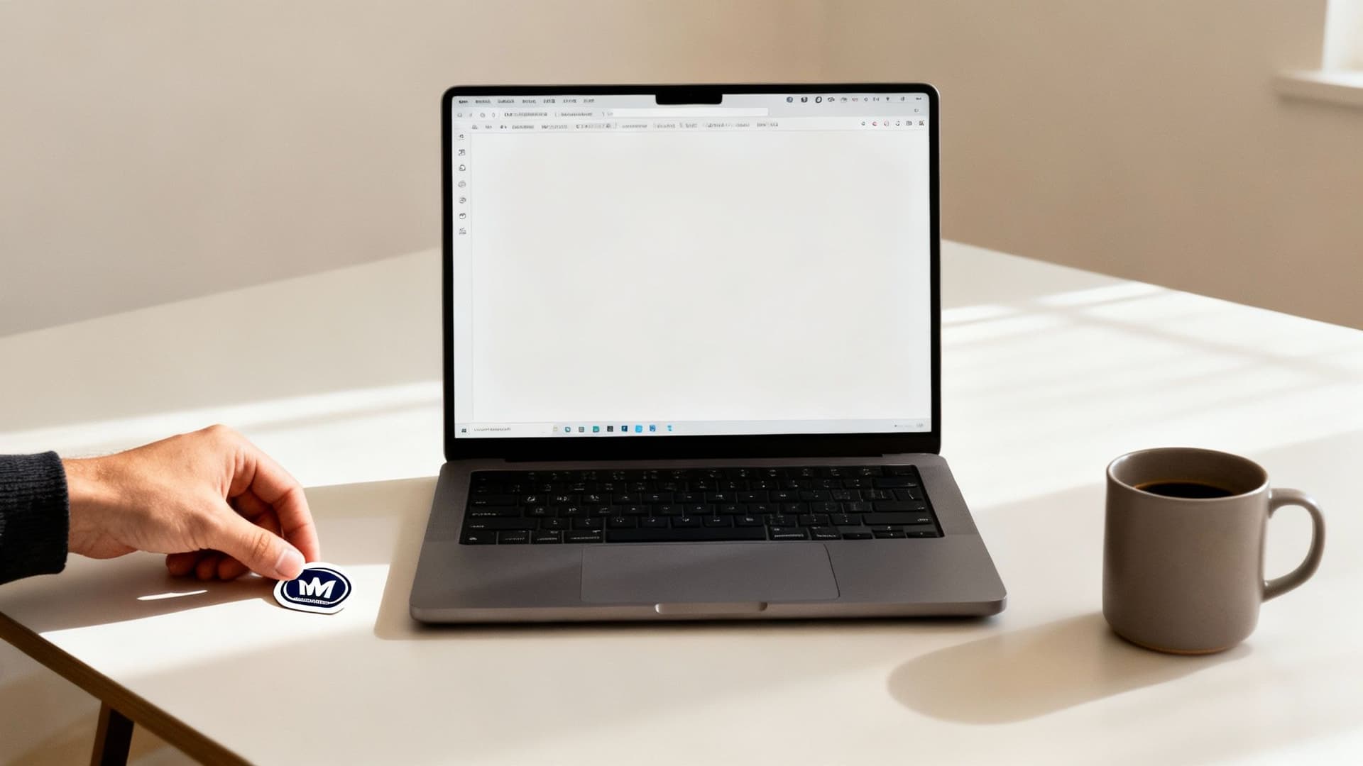 A hand picking up a logo sticker next to a laptop with a blank screen and a coffee mug on a white desk.
