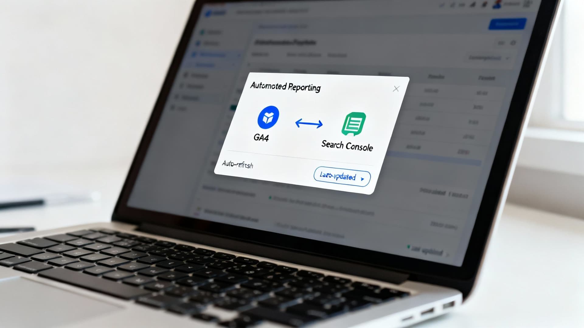 A laptop displays a pop-up showing automated reporting integration between GA4 and Search Console.