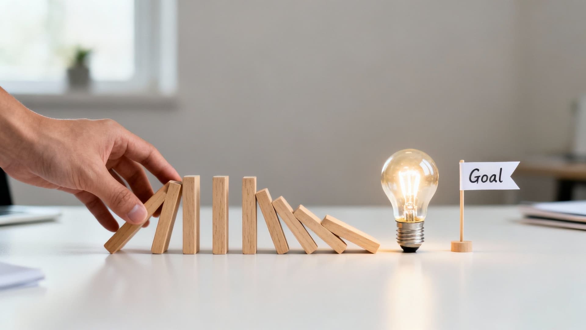 A hand prevents wooden dominoes from falling, leading to a glowing light bulb and a 'Goal' flag.