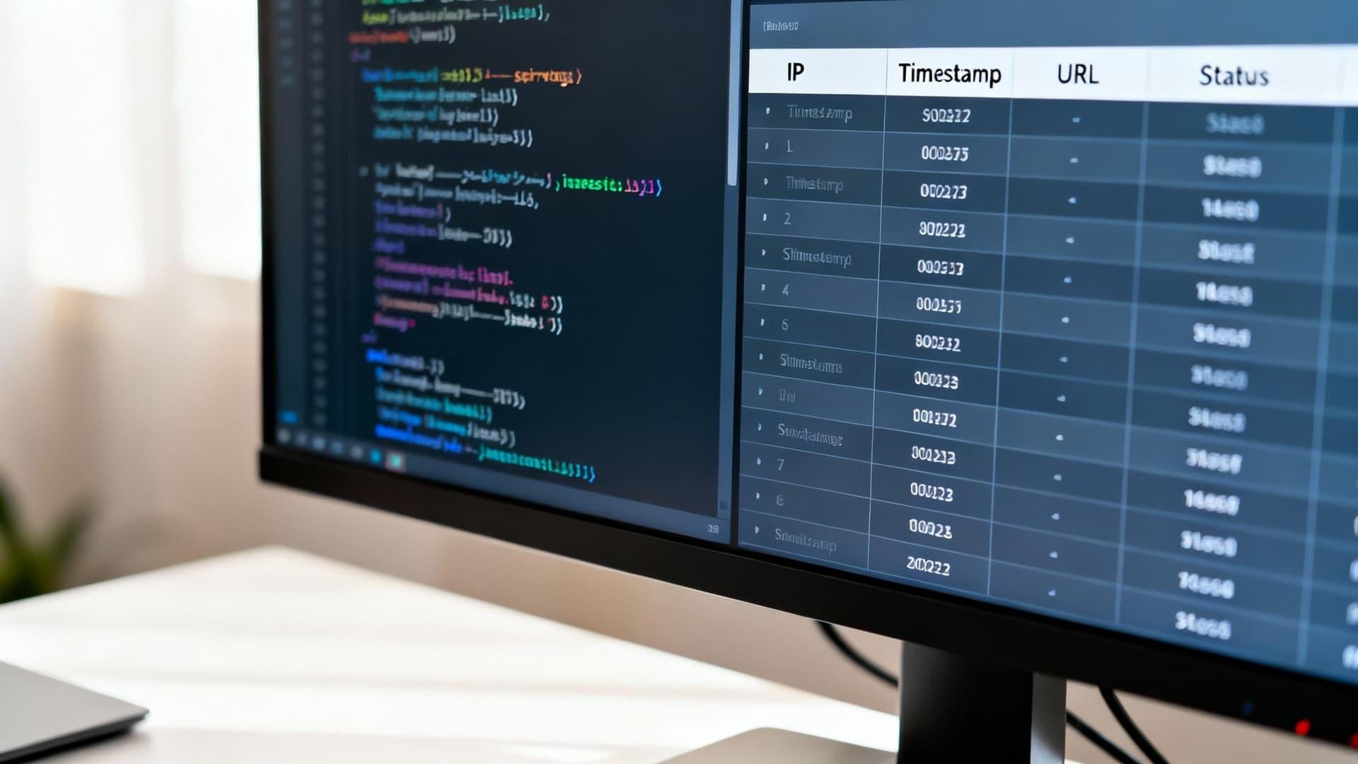 A computer monitor displaying software code on one side and log file data on the other.