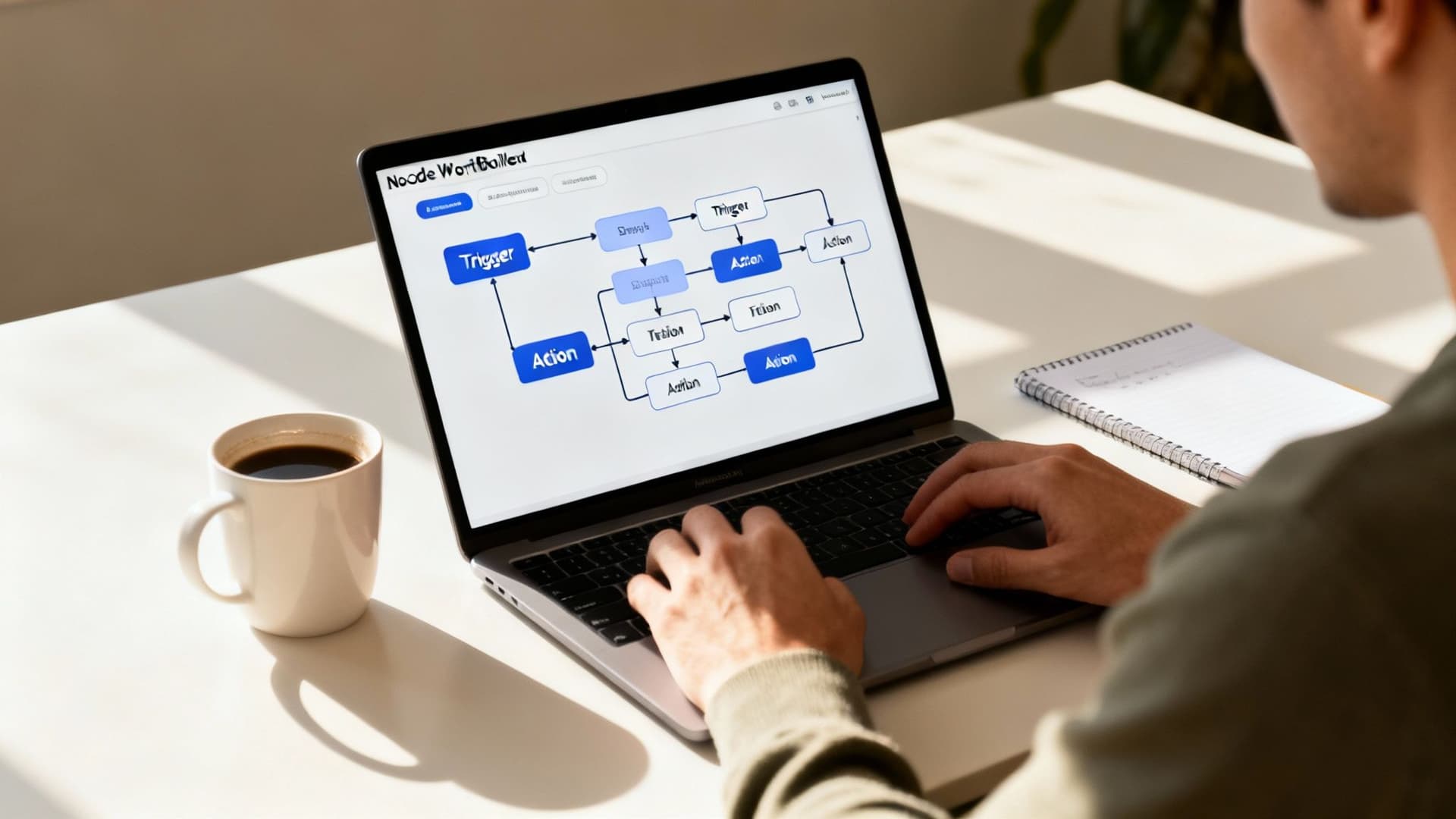 A person working on a laptop, viewing a workflow automation diagram with 'Trigger' and 'Action' nodes.