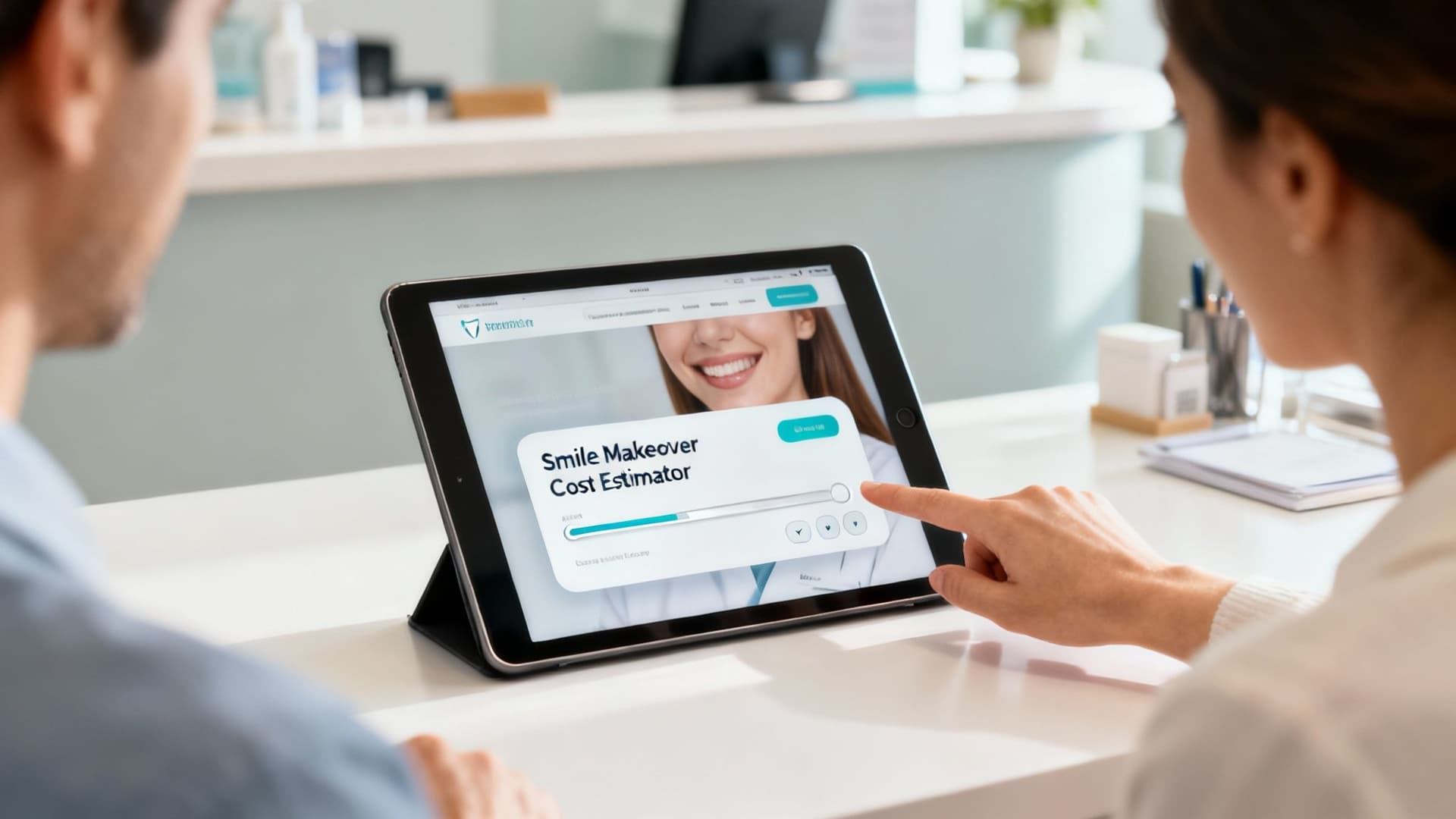 Woman and man use a tablet with a dental smile makeover cost estimator app.
