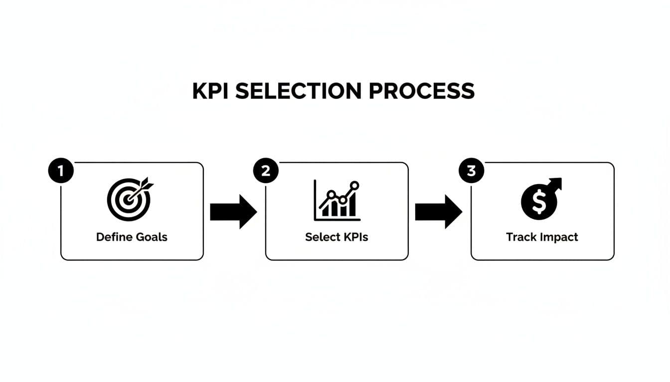 A three-step flowchart outlining the KPI selection process: Define Goals, Select KPIs, Track Impact.