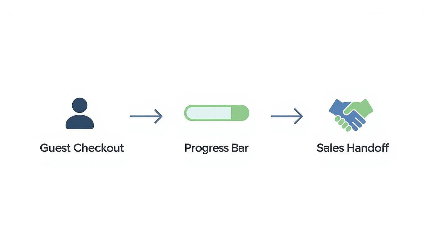 A diagram illustrating a sales process with guest checkout, progress bar, and sales handoff stages.