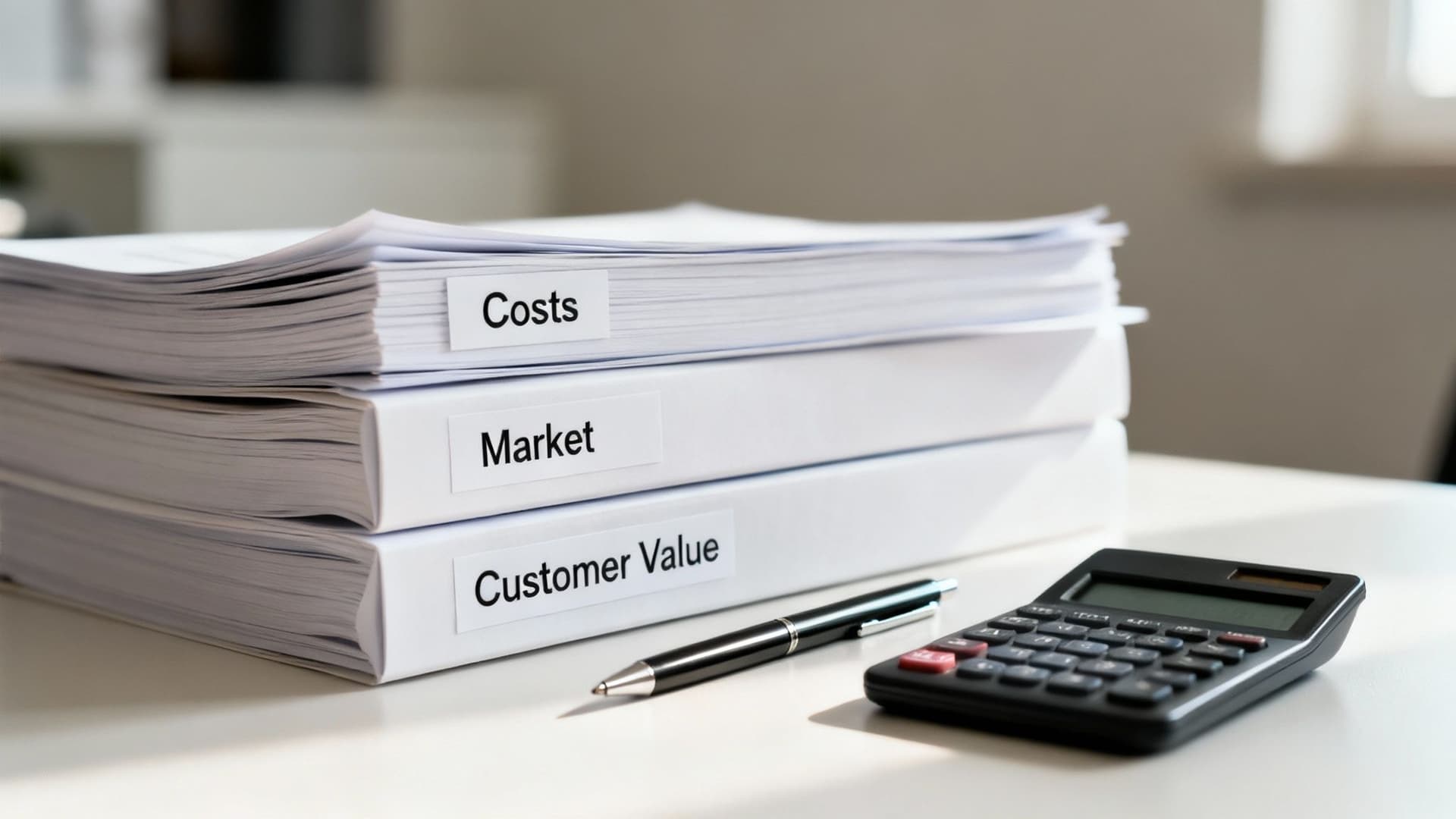Stack of binders labeled 'Costs,' 'Market,' and 'Customer Value' with a calculator and pen on a desk.