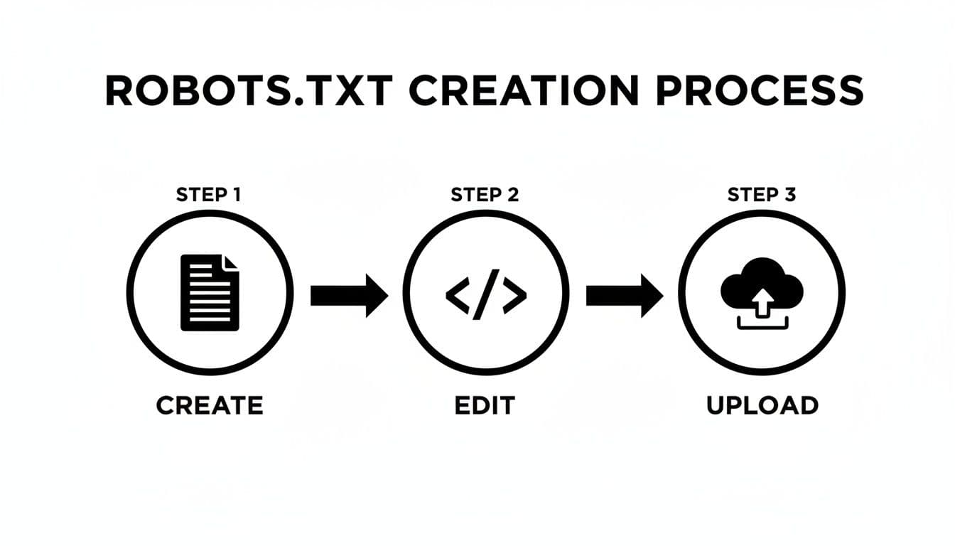 A three-step diagram illustrating the robots.txt creation process: create, edit, and upload.