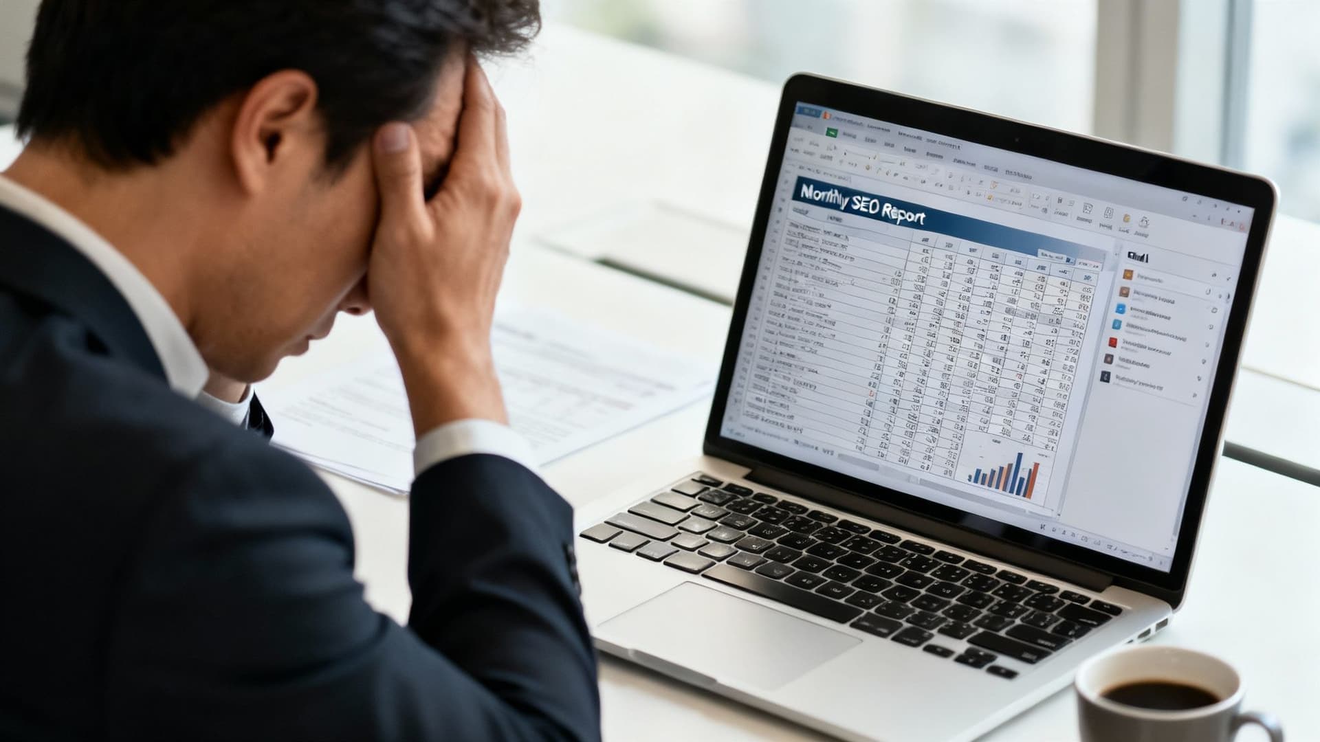 A stressed businessman views a 'Monthly SEO Report' on his laptop, hands covering his face, showing frustration.