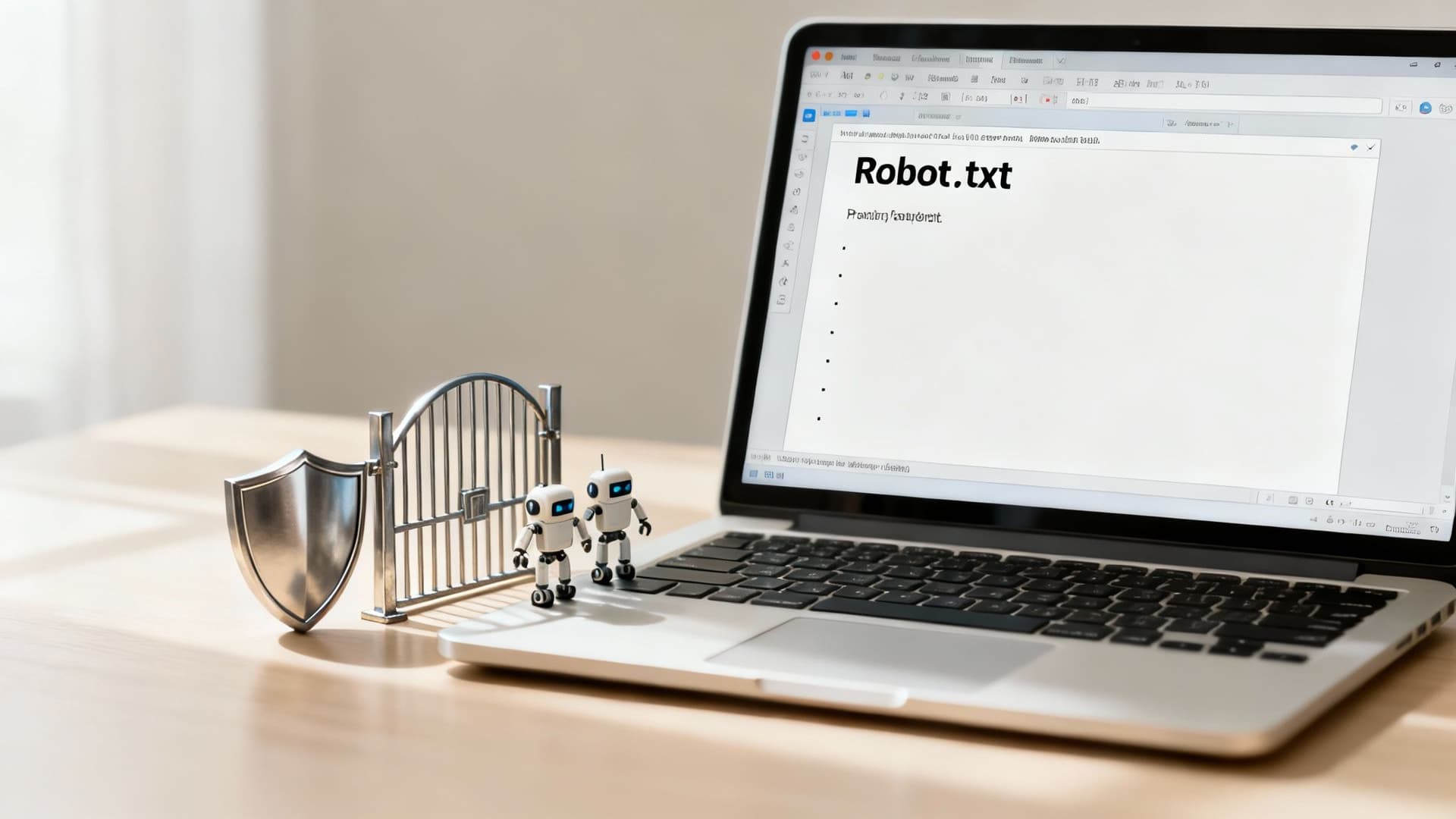 Two toy robots and a shield guarding a laptop screen displaying a 'Robot.txt' file.