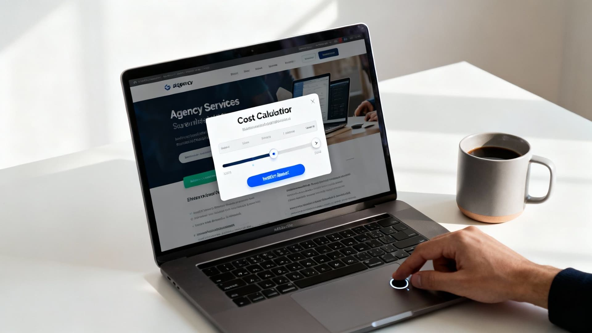 A person's hand on a laptop touchpad, displaying a 'Cost Calculator' popup on an 'Agency Services' website.