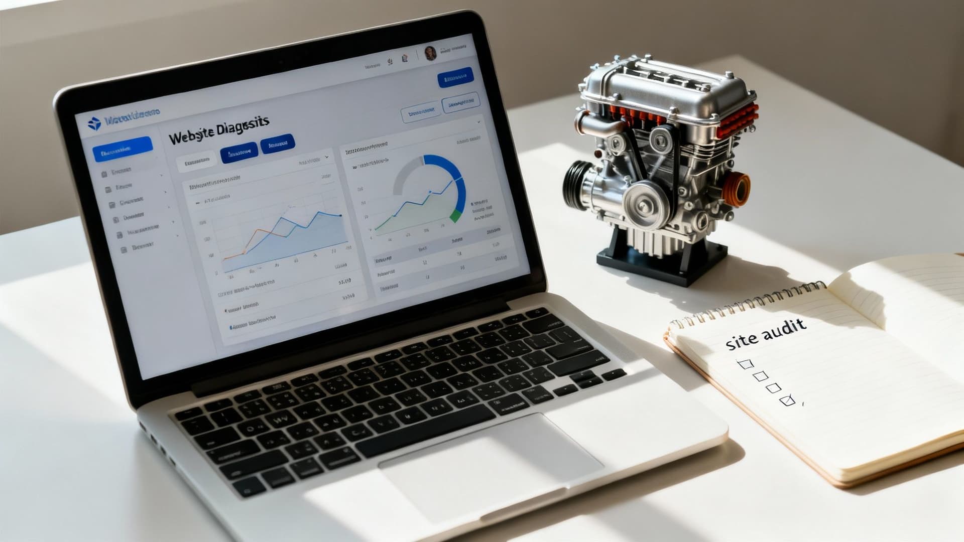 Laptop showing website diagnosis dashboard with graphs, a model engine, and a notebook with ‘site audit’ checklist.