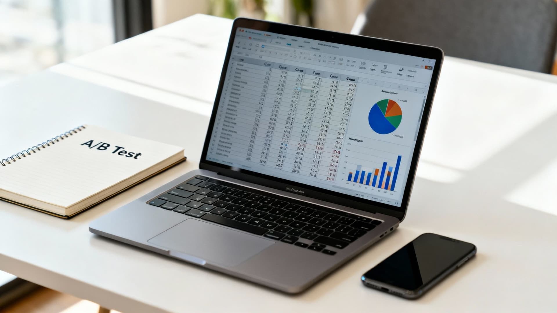 A laptop displaying data charts, an A/B Test notebook, and a smartphone on a white desk.