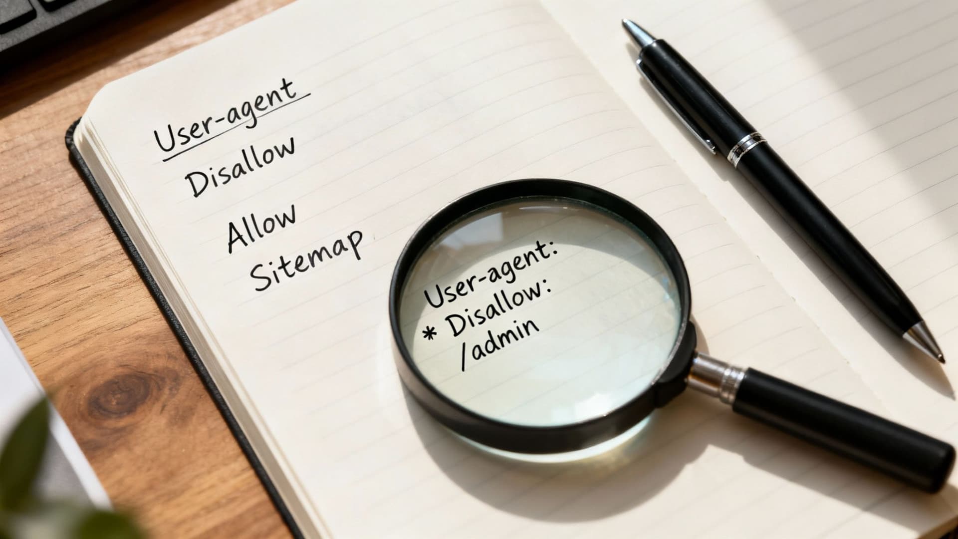 A notebook with handwritten robots.txt directives, a magnifying glass showing 'Disallow: /admin', and a pen.