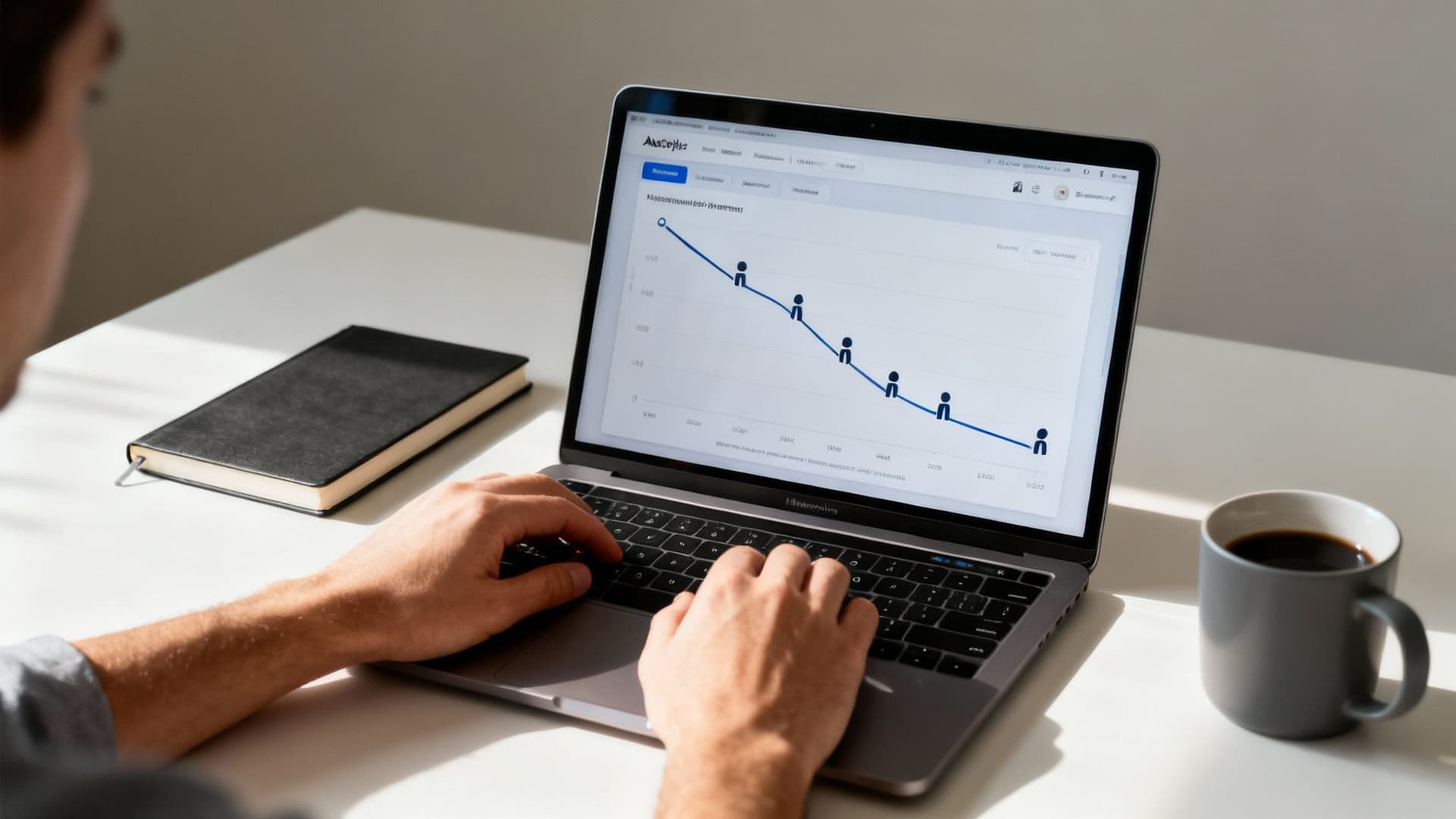 Overhead shot of a person typing on a laptop displaying a downward trend graph, next to a notebook and coffee.