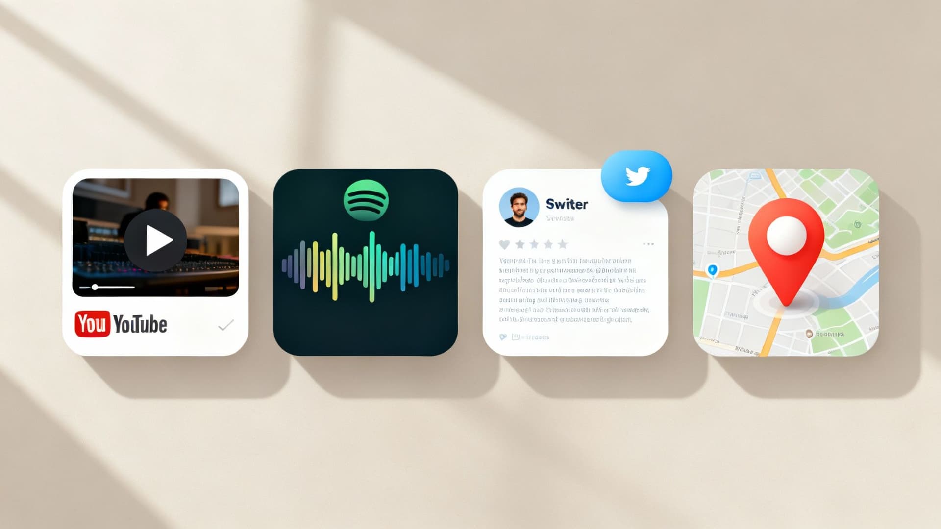 Four app icons showcasing YouTube video, Spotify music equalizer, a social media profile, and a map with a location pin.