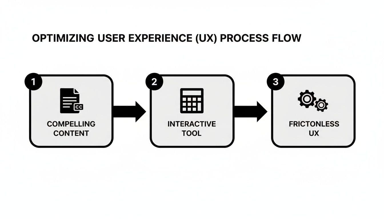 A three-step process flow showing how to optimize user experience with compelling content, interactive tools, and frictionless UX.