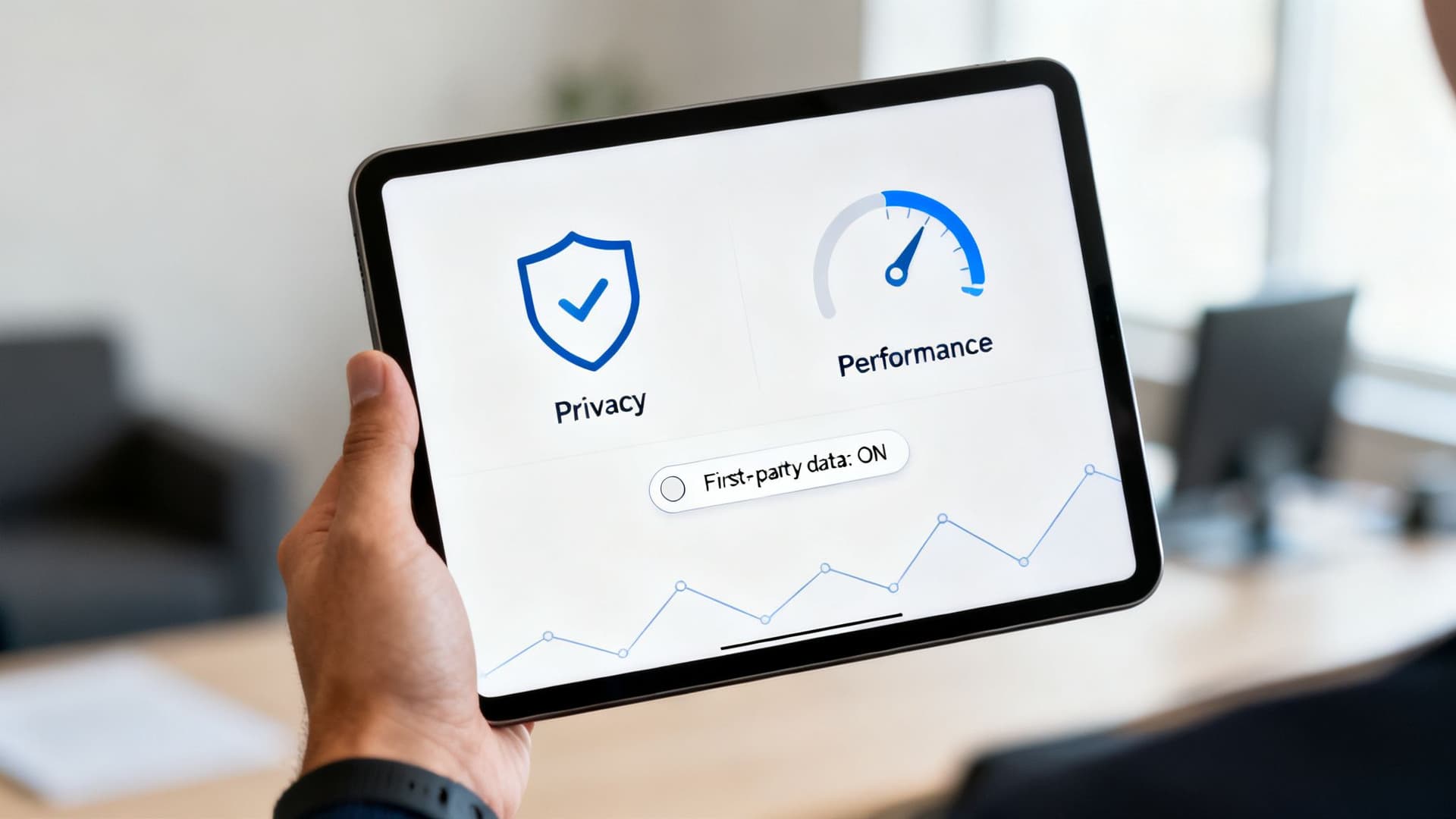 Tablet screen shows website analytics dashboard with privacy settings, performance gauge, and data trend graph.