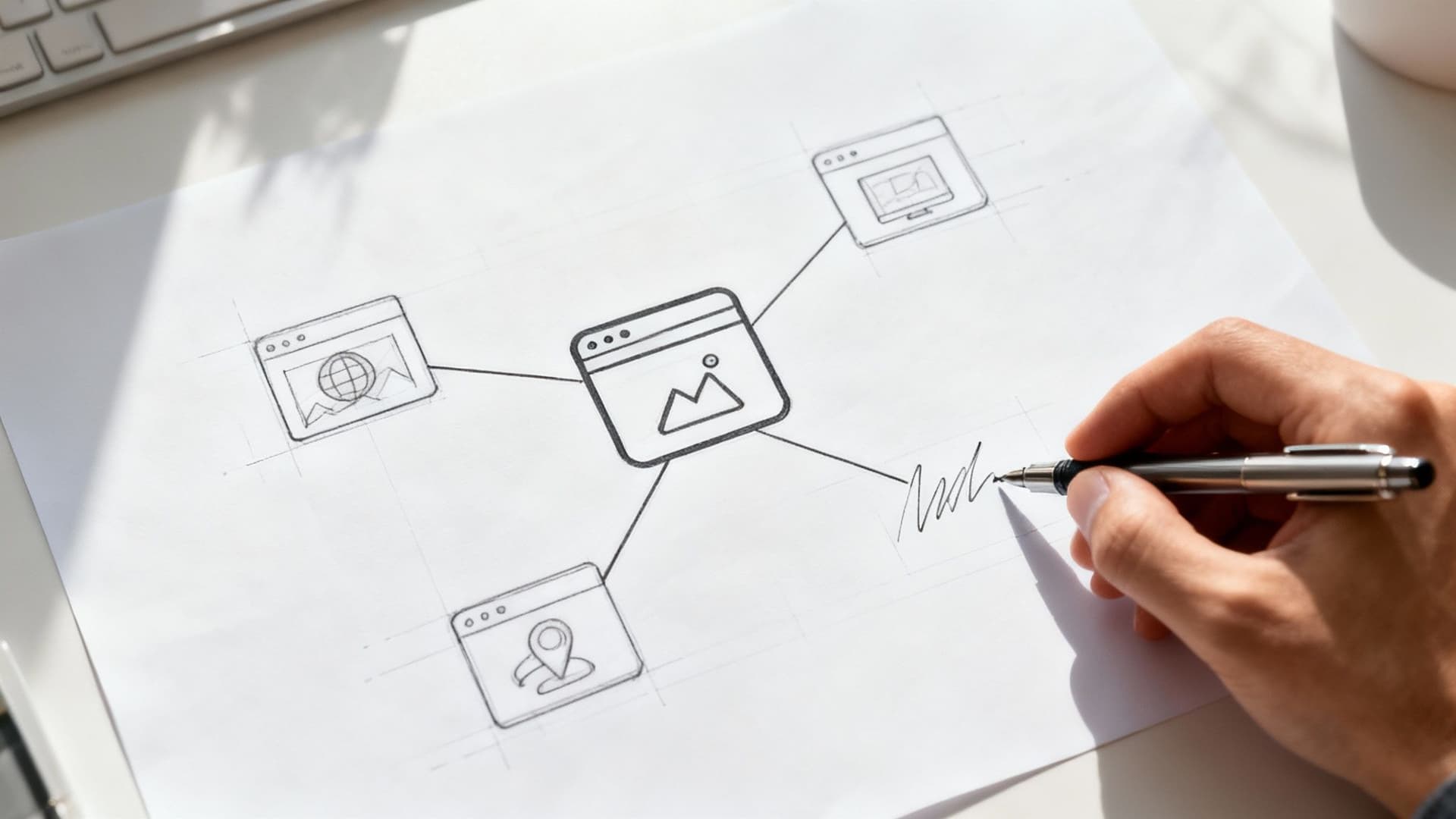 A person connecting glowing digital nodes, symbolizing the network of backlinks and authority building.