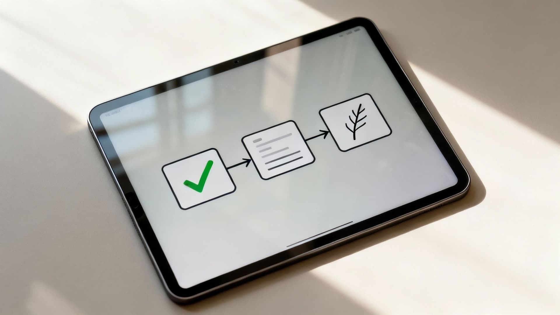 Tablet screen shows a process flow diagram: completed task, document, and tree icon.